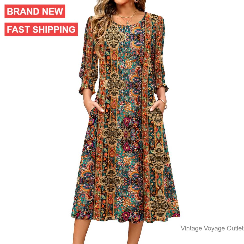 3/4 Sleeve Floral Midi Dress With Pockets Casual Summer Wear